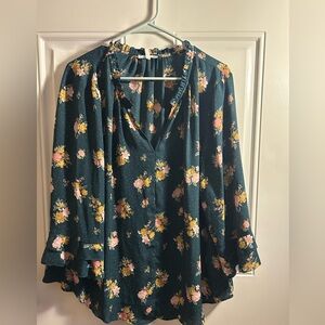 Maurice’s Women’s Dark Green Floral V-neck Ruffle Long Sleeve Top